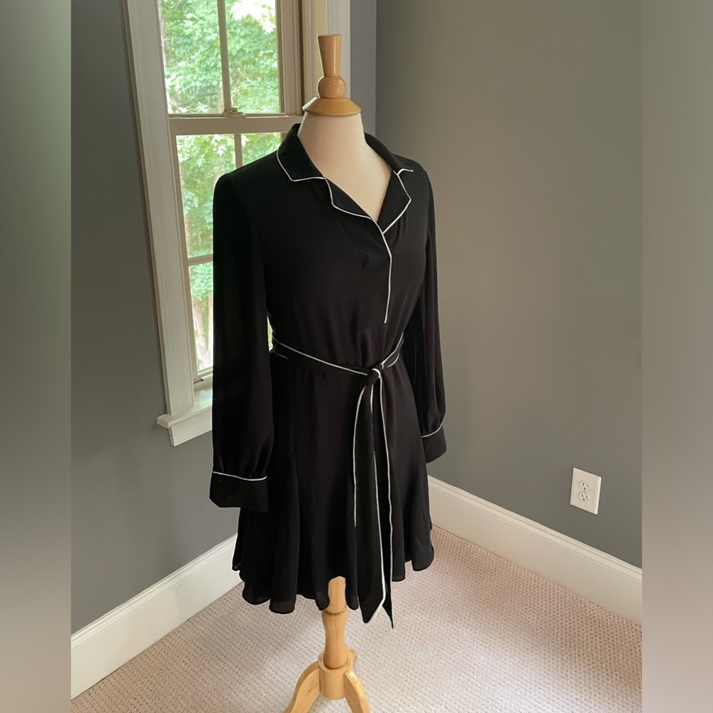 White House Black Market Belted Black Dress with White Piping Details